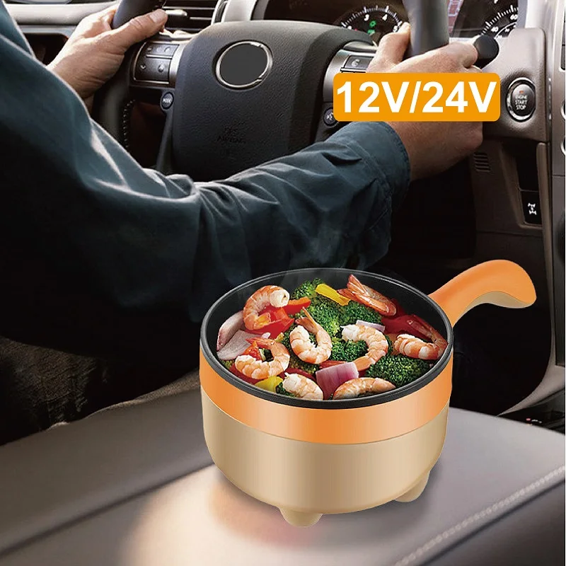 12V/24V Car Electric Wok Home Non-stick Frying Pan Multi-function Electric Cooking Pot Hot Pot Large Capacity Steamer 2L