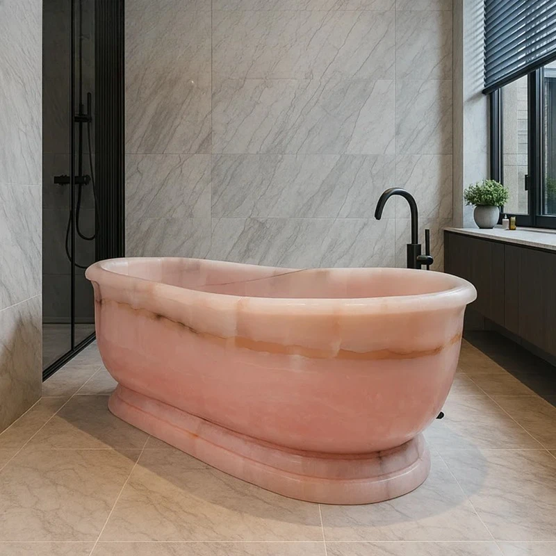 

Natural stone pink agate bathtub hand-carved oval spa bathtub hotel villa bathroom decoration