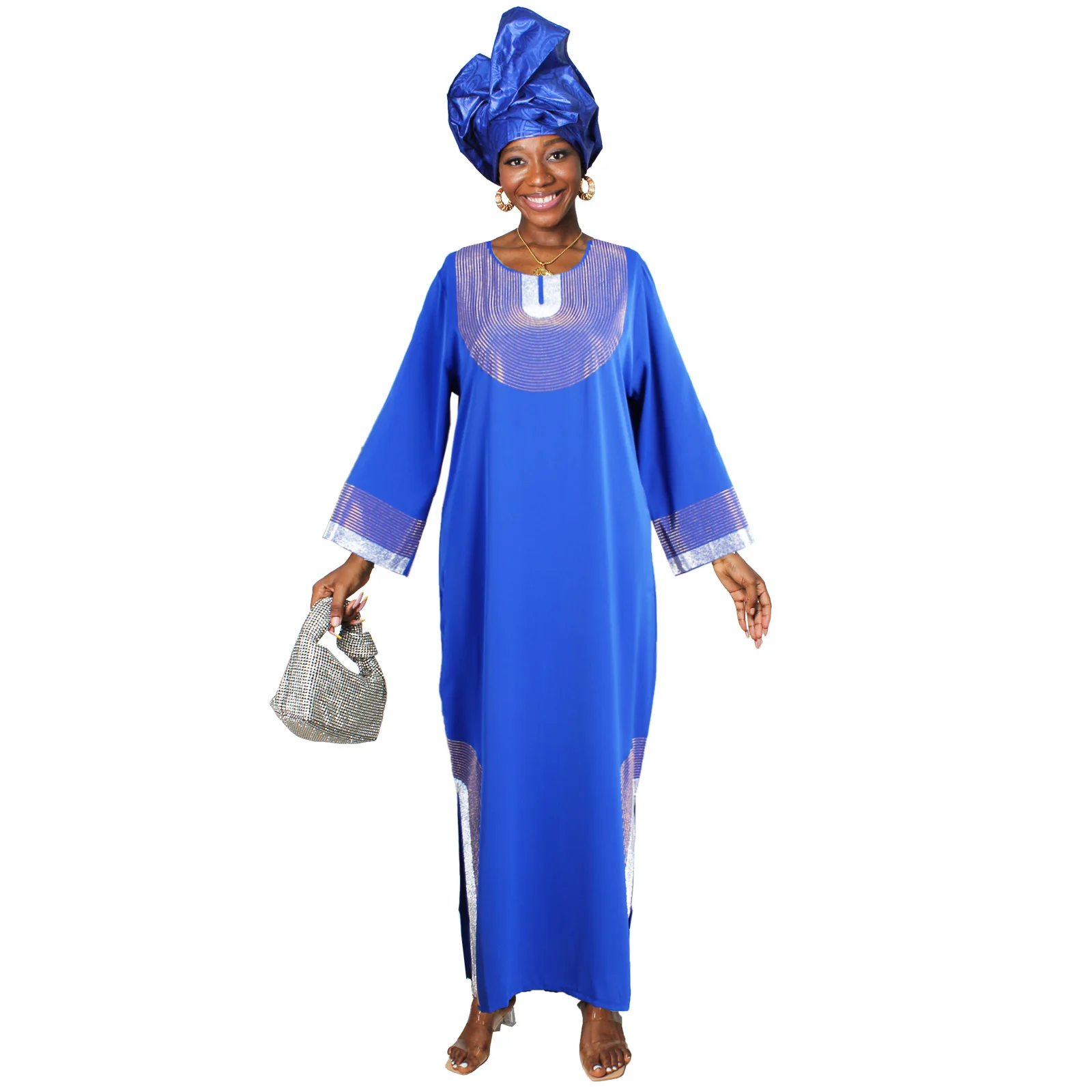 African Dresses For Women Richestones Smooth Glossy Full Long Dress With Scarf Wedding Dress