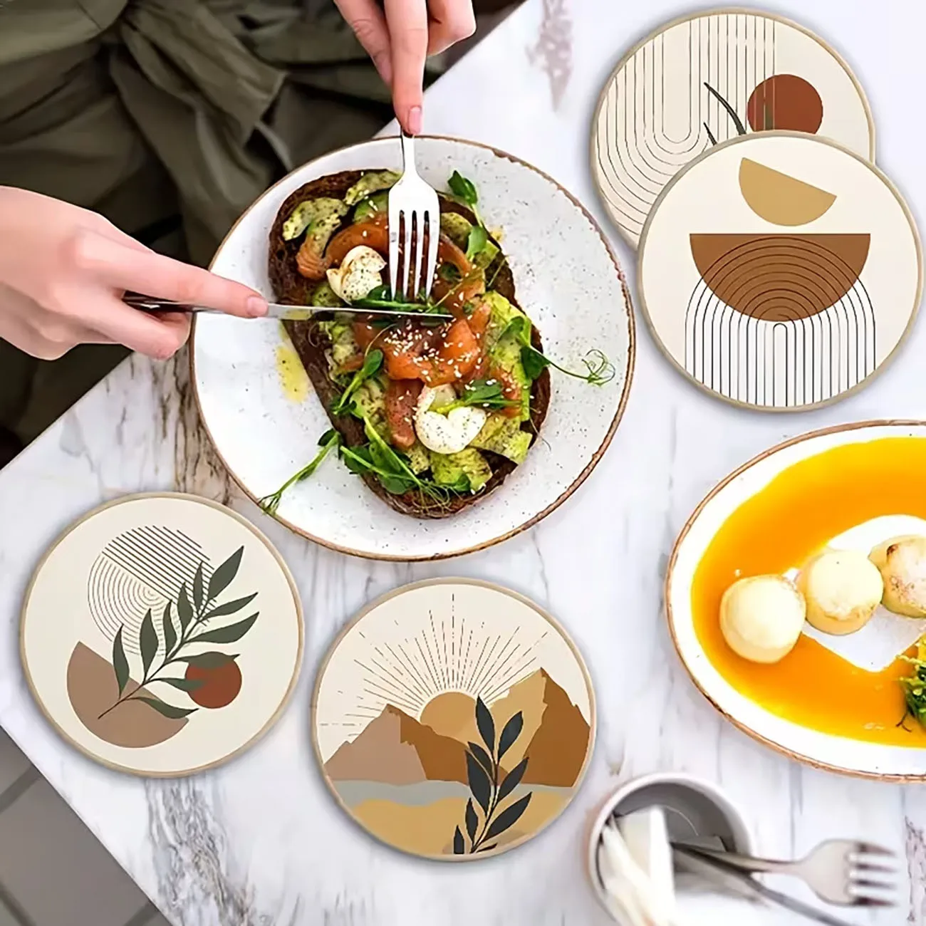 6Pcs Neutral Tone Boho Wood Coasters, Heat-Resistant Non-slip Drink Mats for Table