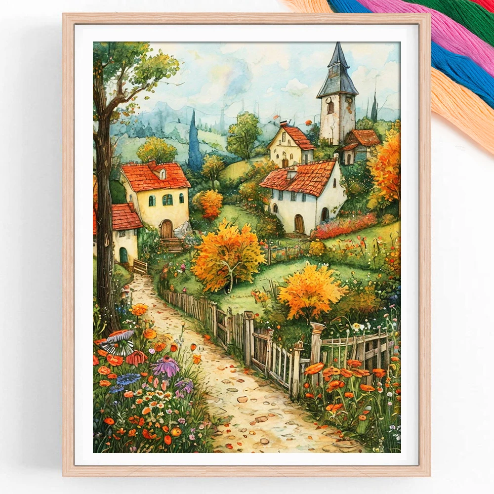 Kits de Broderie Point de Croix Villages d'Automne Décoration Maison Paysage en Pot Fils à Broder 11CT Image Imprimée