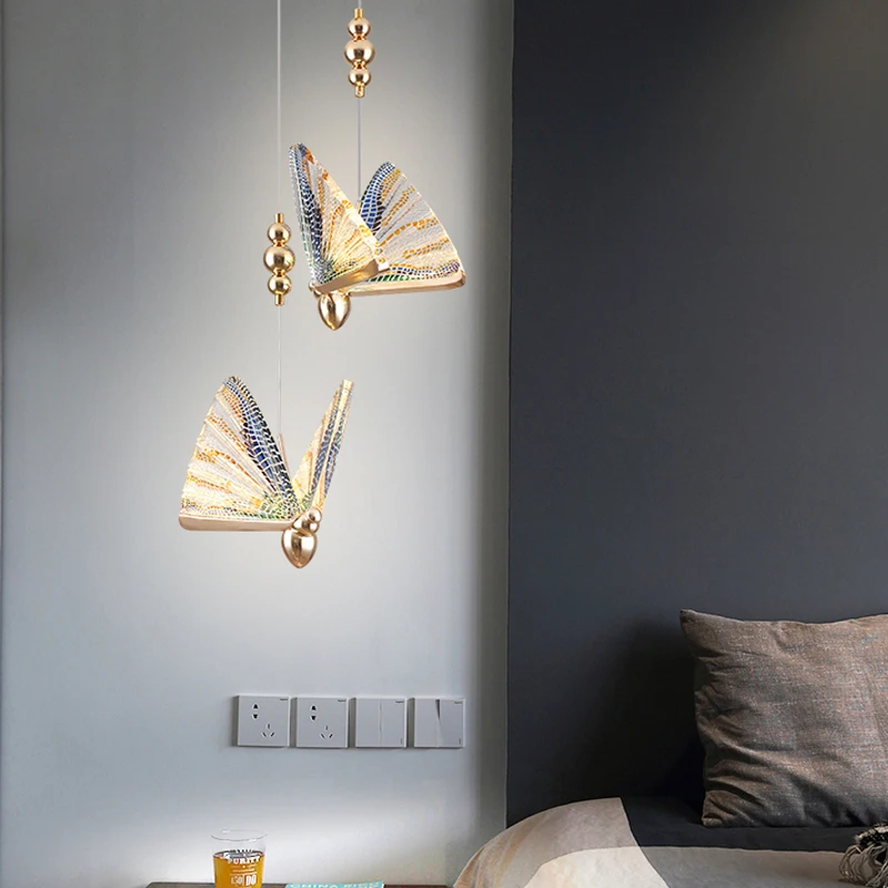 Butterfly Indoor LED Cord Pendant Lamps for Bedside Bedroom Hanging Light Golden Chandelier Lights for Dinning Room AC85-265V