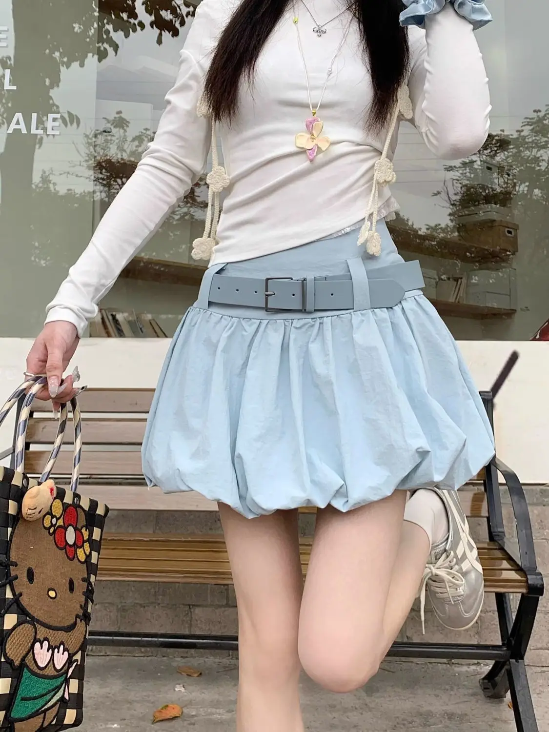 Verão nova feminina cintura alta azul a-palavra saia curta anti-luz fofo bud saia com cinto
