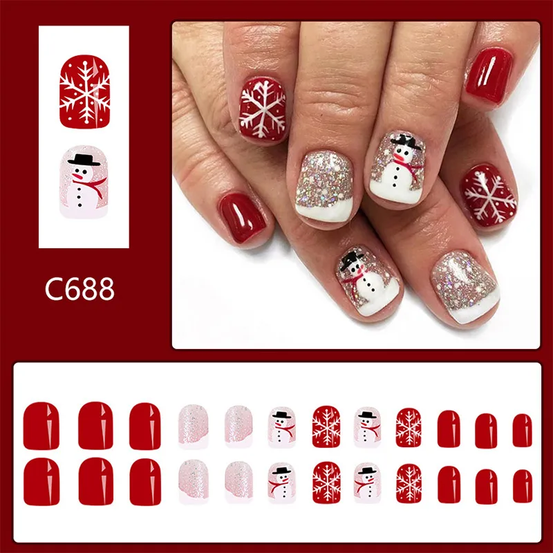 Christmas Nail Art Press-on Nails Set Short Squre Nail With Holiday Elements Removable Santa&snowflake Pattern Manicure Kit 2024