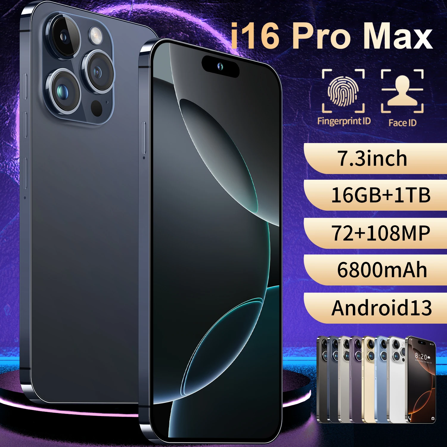 Original I16 Phone 16 Pro Max Neuf 6.7 Inch 12gb + 512gb Clone Smartphone 8 Core Celulares 14 Pro Max Unlocked Phone