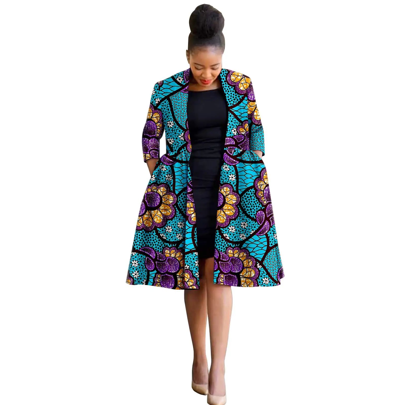 African Ankara Print Long Jacket for Women, Casual Work Lining, Padded Shoulder Extension, Tweed Jacket, A2324001