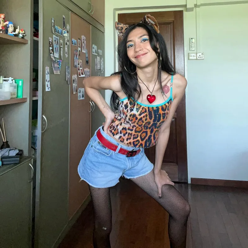 Sequins Leopard Print Patchwork Camisole Tops Women Fashion Sexy Y2K Spaghetti Straps Backless Slim Party Night Clubwear Vests