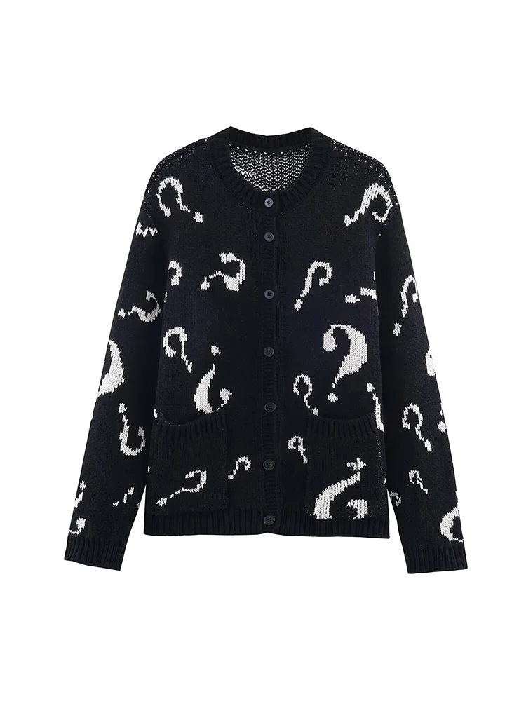 

Женская одежда в европейском и американском стиле, новинка 2025, модный универсальный жаккардовый вязаный кардиган с круглым вырезом и длинными рукавами на пуговицах