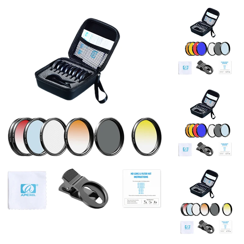 APEXEL 7 In 1 Phone Camera Lens Kit Camera Lens CPL/ND Filters And Red/Yellow Filter For All Smartphones