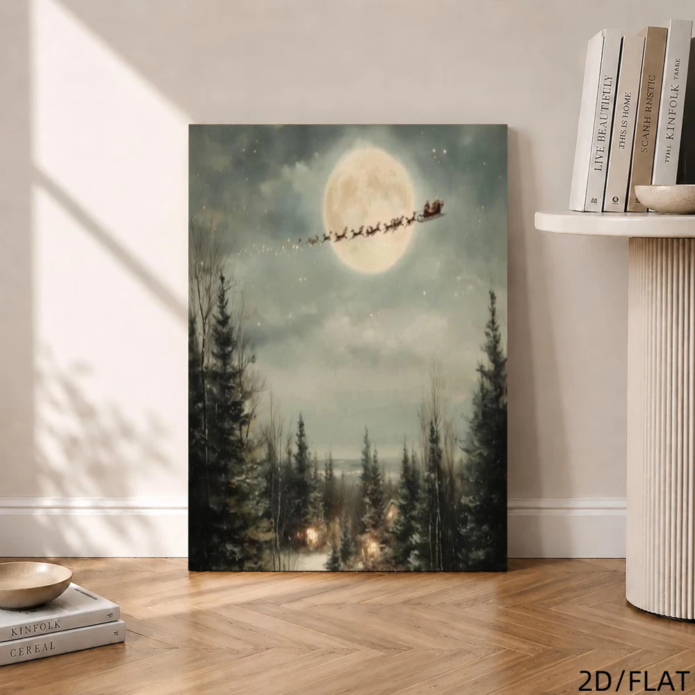 Christmas Framed Wall Hanging, Vintage Green Canvas Print Santa Sleigh Over Moon Night Forest, Wall Art for Living Room Bedroom