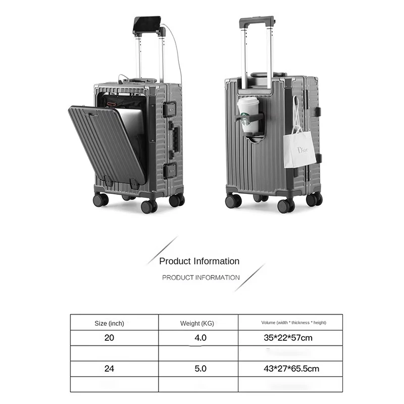 Aluminum-framed Trolley Suitcase Multifunctional Front Opening Business Travel Luggage 20-inch carry-on lockbox with cup Holder