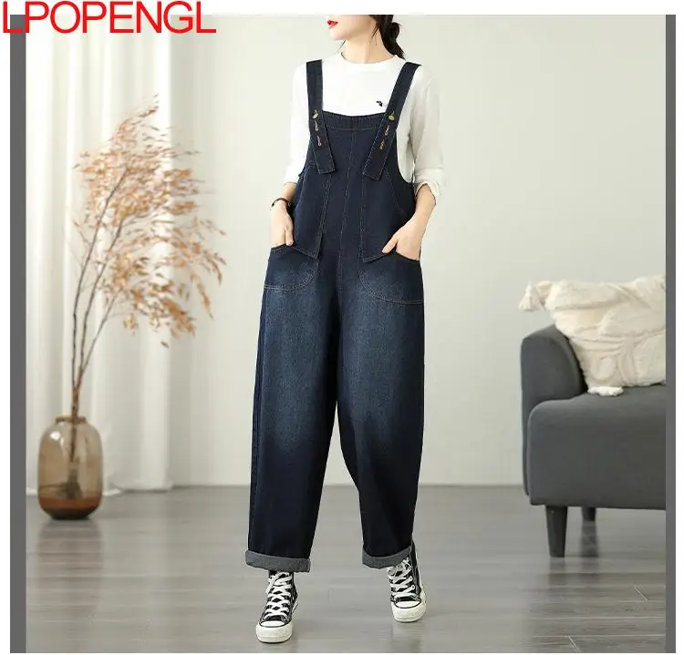 Outono novo retro angustiado cowboy cinta macacão feminino solto casual de uma peça calças de perna larga retalhos bolso streetwear jeans