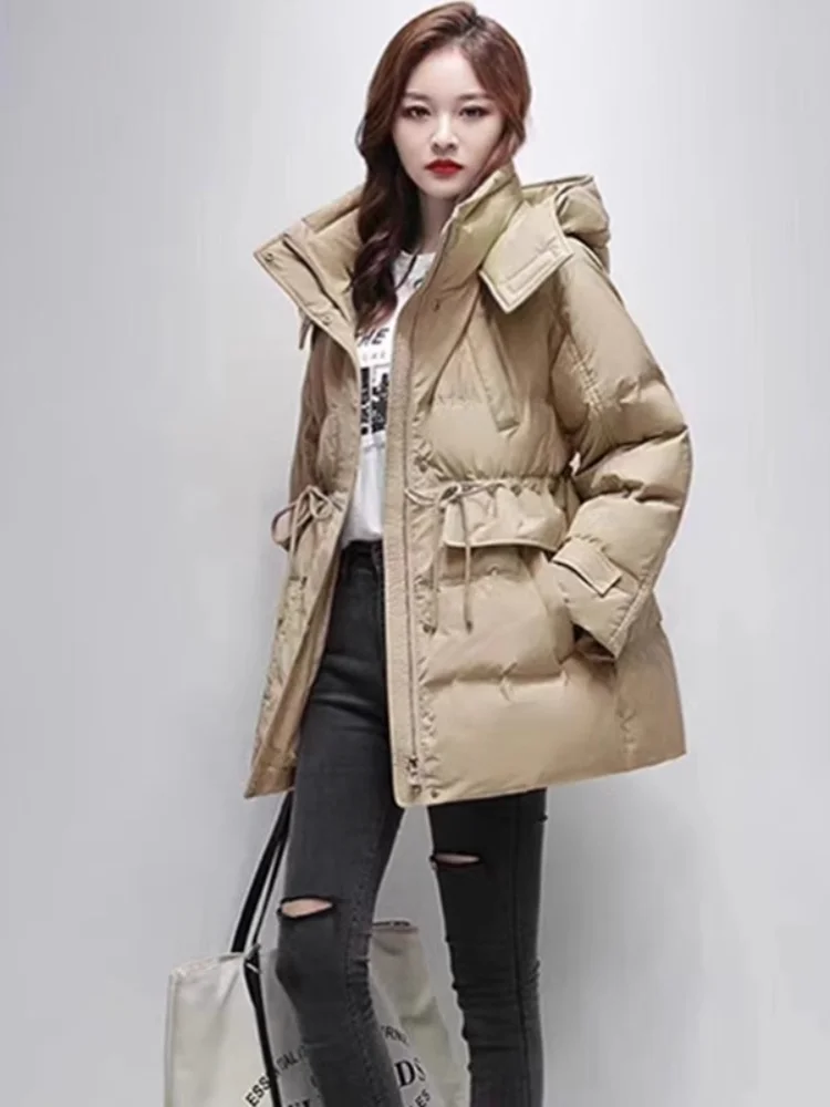 Women's Warm Loose Duck Down Jackets, Long Thickened Slim WaistParkas, Stand Collar Hooded Jackets, Casual Fashion, Winter, 2024