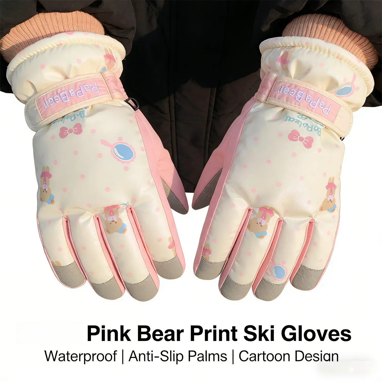 

Fashion Beige Bear Gloves Thick Fleece Fabric Skiing Walking Couple Dating Late Autumn And Winter Style