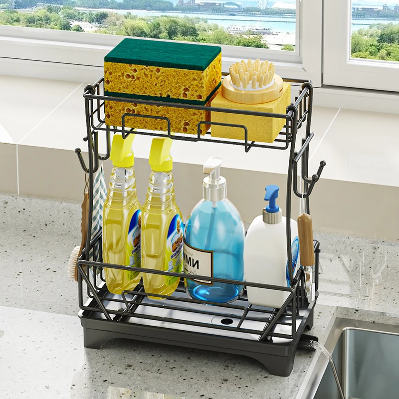Black 2 Tier Kitchen Sink Organizer, Rustproof Metal Soap Sponge Holder with Hooks & Drain Tray, Countertop Storage Rack