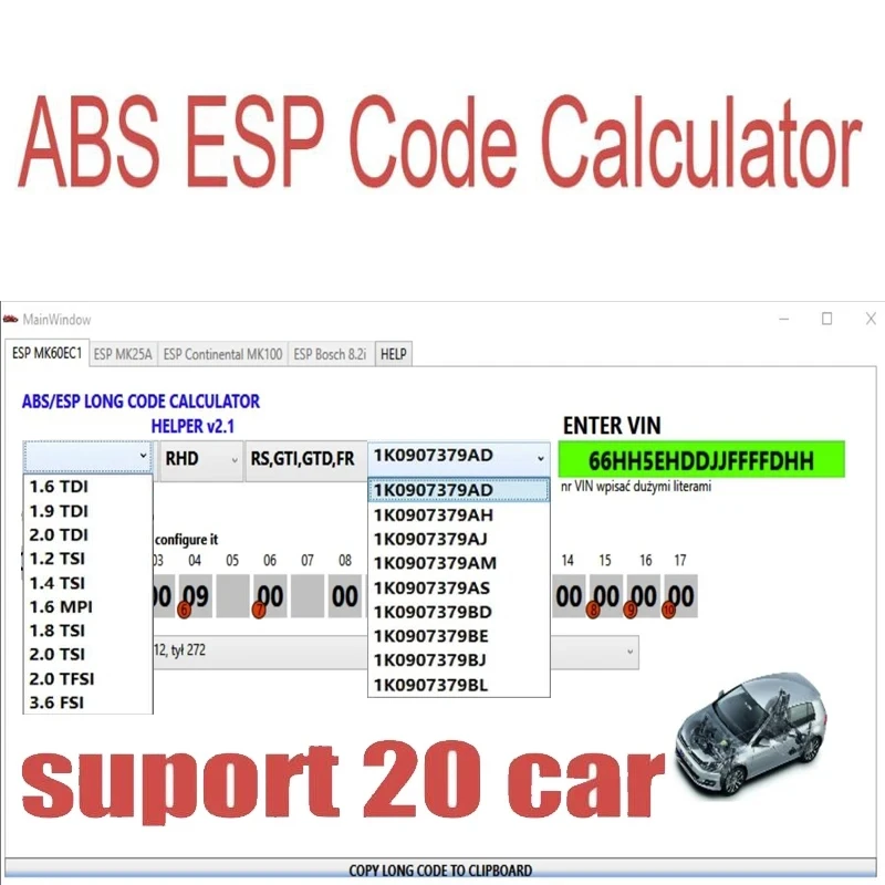 VW ABS ESP Long Code Calculator for Bosch ESP Units Changes to Adaptations and Codes VAG VCDS VIN Number Supports Over 20 Cars