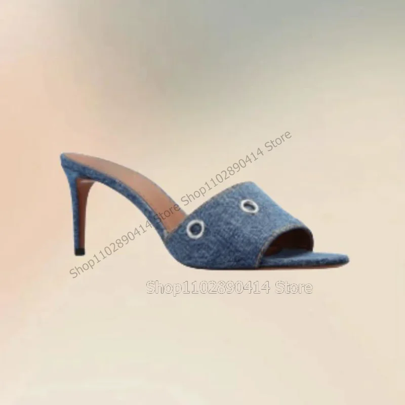 

Blue Denim Metal Circle Design Open Toe Slippers Slip On Women Shoes Thin High Heels Sexy Fashion Party 2023 Zapatos Para Mujere