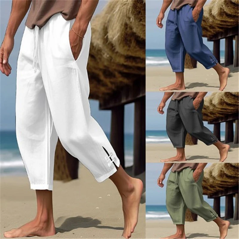 

2025 Summer Mens Linen Cropped Pants Oversize Loose Feet Forked Pencil Pant Fashion Casual Pantalones Beach Trousers Streetwear