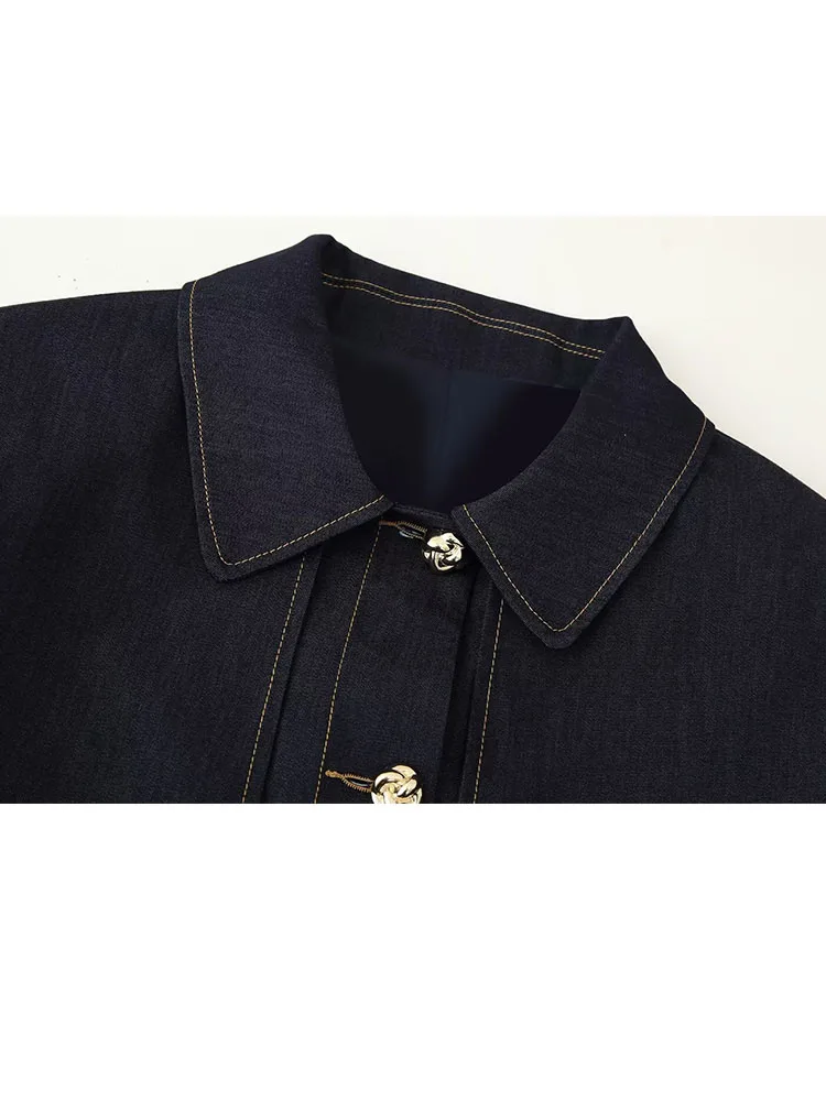 HH Cappotto a maniche lunghe con risvolto e tasche monopetto moda donna + set da 2 pezzi in denim solido con cerniera sottile in vita elastica estiva