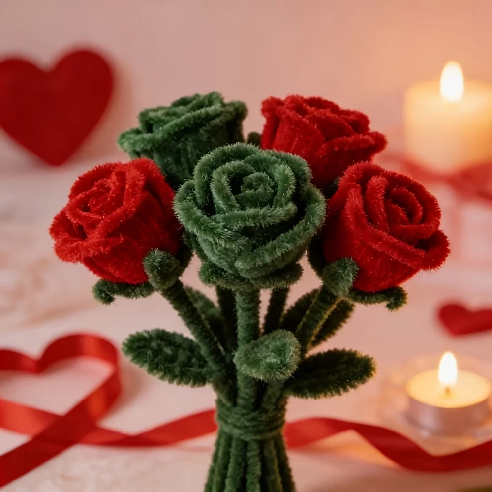 100pcs Rooted Thread Material Pack, Red Rose Twisty Stick Mop Strip Bouquet, Chenille Rod, Craft Kit, Home Decor, Holiday Gifts