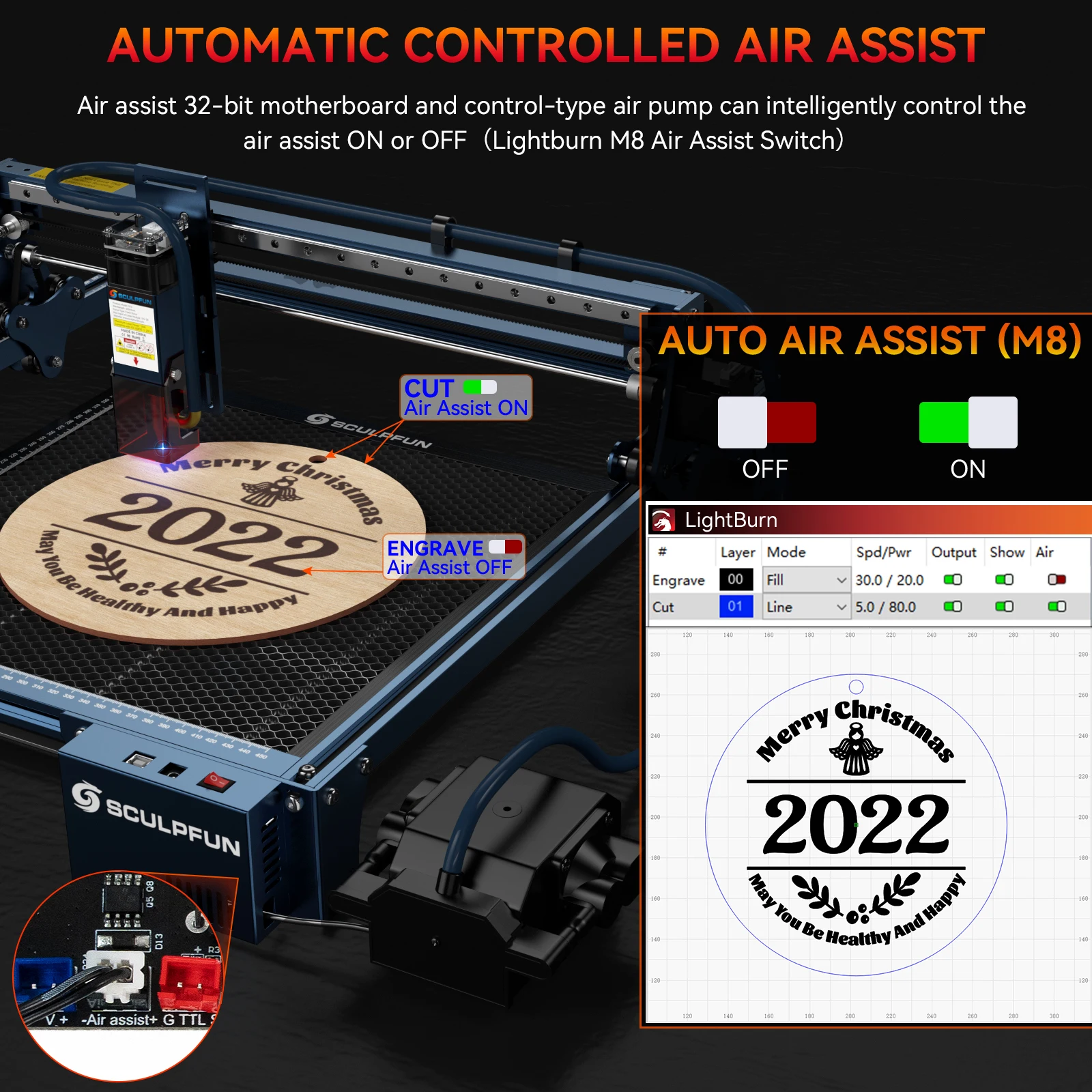 SCULPFUN-Kit de asistencia de aire automática, bomba de aire automática de 30 min/Min, adecuada para S9/S10, láser actualizado S30, asistencia de