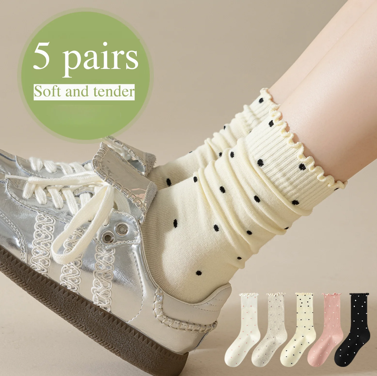 5 Paar gerüschte, gepunktete Wadensocken, weich und bequem, nicht einschnürend, atmungsaktiv und schweißabsorbierend, geeignet für Frühlings- und Sommerschuhe, Slipper, vielseitig einsetzbar für
