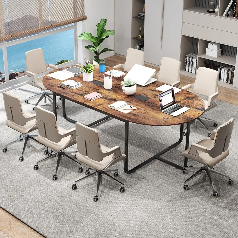 

95" Conference Table, Large Oval Meeting Table for 10-12, 2 Cable Management Grommets, Sturdy Metal Legs, Industrial Business
