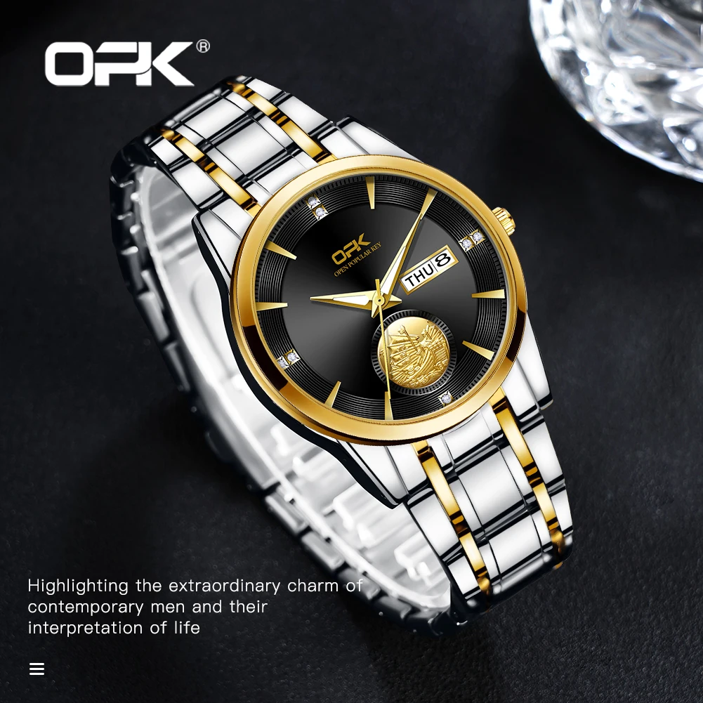 OPK brand steel belt luminous waterproof double calendar men\'s quartz watch 8131