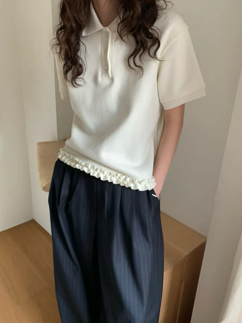 

Casual Ne ort Sve T-irt Wooden Hem Design Early Autumn Korean Sle Women's Faion Commute Sle Loose Fit