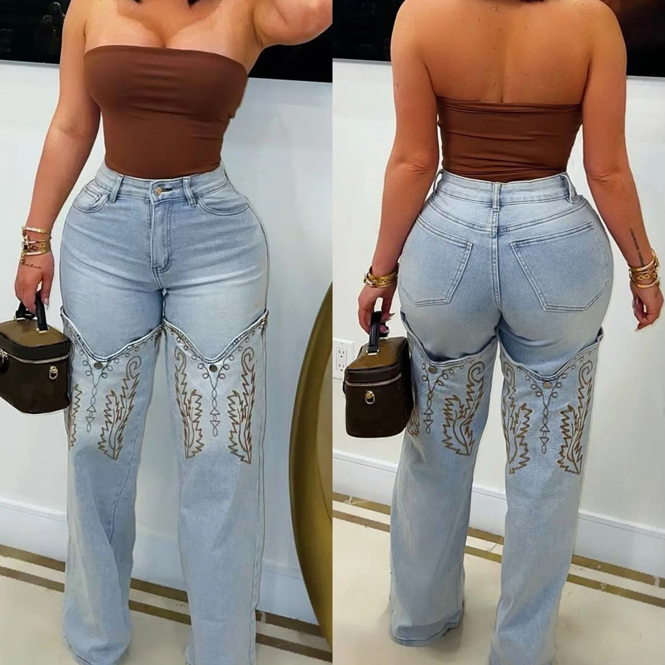 

2026 New Women's Fashion Classic Embroidered Retro High Waist Flare Jeans, Blue Wide Leg Denim Pants