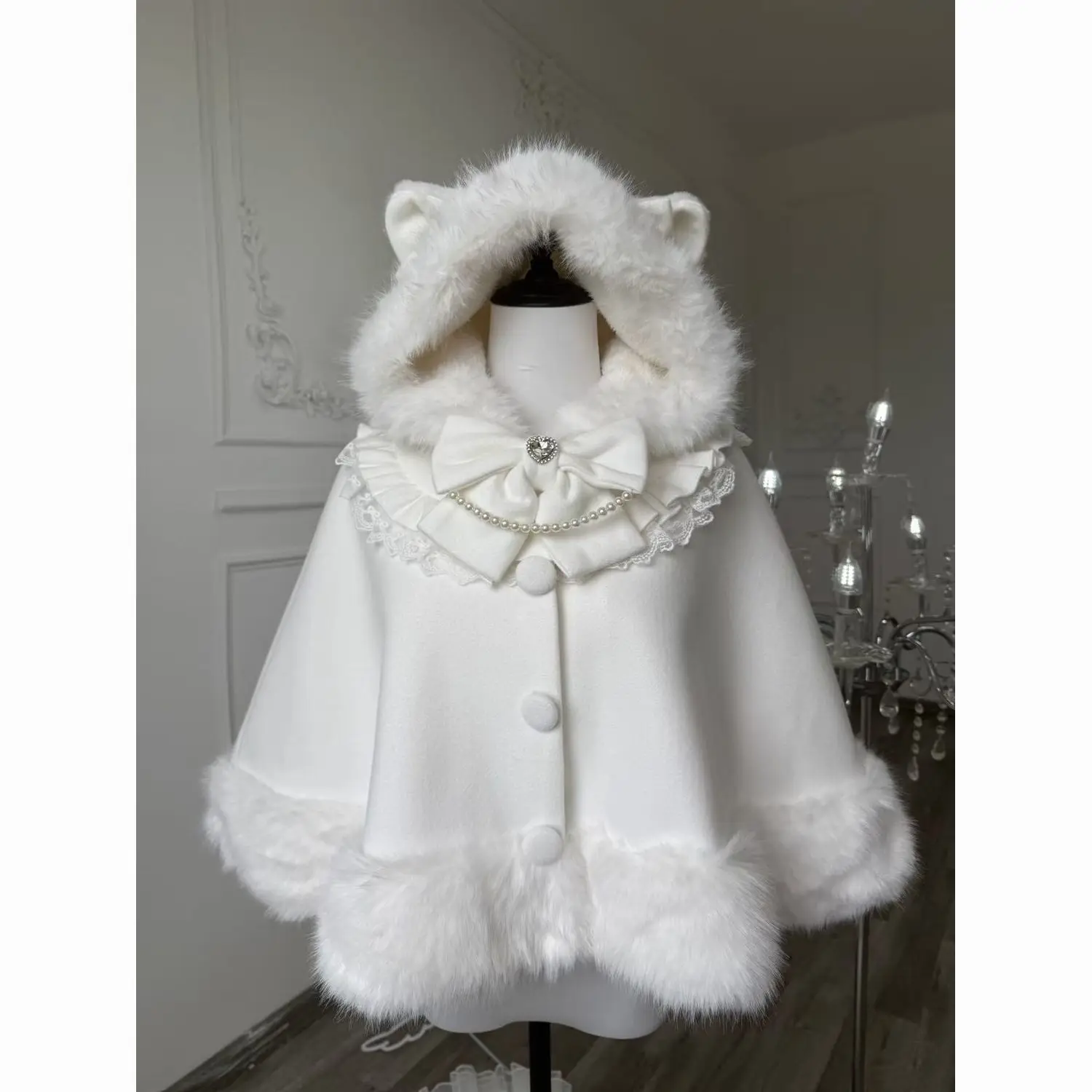 Autumn Winter Cute Lolita Woolen Cloak Elegant Temperament Sweet Girl Hooded Cloak Plush Patchwork Bow Shawl Furry Coat