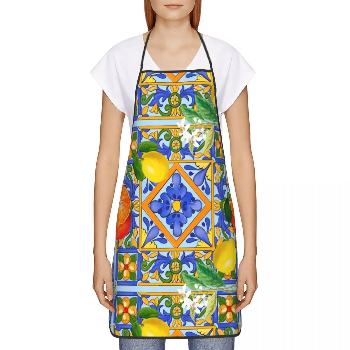 Custom Unisex Sicilian Tiles Summer Fruit Oranges Lemons Bib Apron Adult Women Men Chef Tablier Cuisine for Cooking Painting