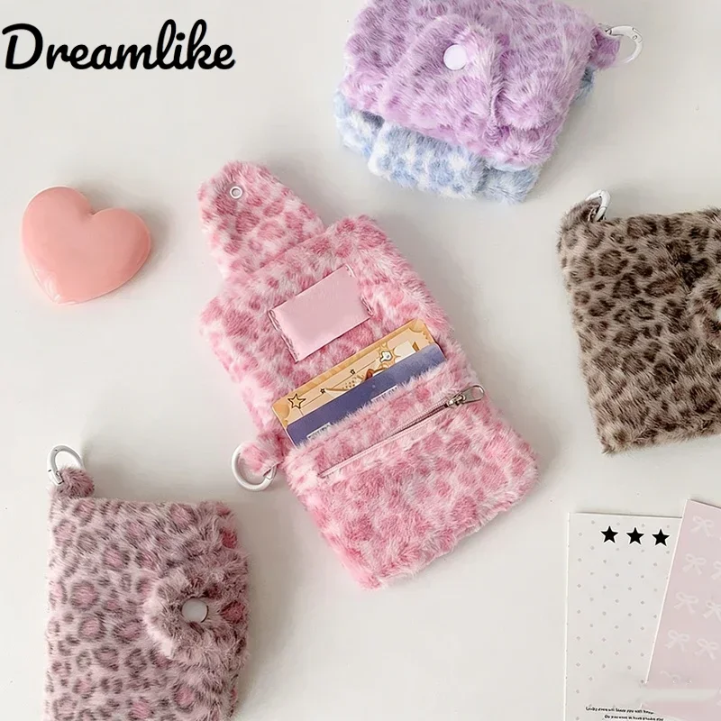 

Girl Plush Leopard Pattern Card Bag Zipper Coin Purse High Beauty Bag Pendant Small Wallet Student Meal Card Holder ID Holder