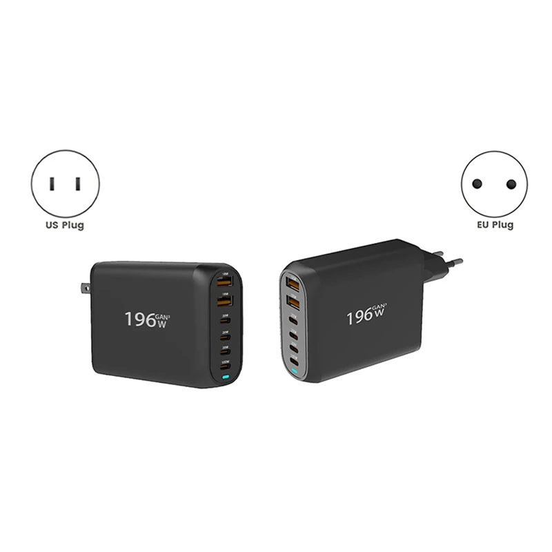 Chargeur USB C Gan 196W PD 100W, adaptateur secteur à charge rapide 6 ports pour ISub Pro Iphone Galaxy Huawei