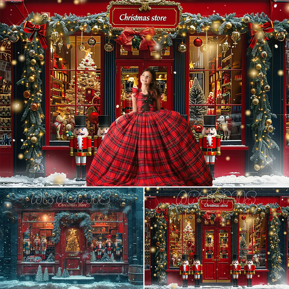 Winter Christmas Store Photography Backdrop Wooden Nutcracker Figurines Decorated Light Wreath Background Photo Studio Photocall