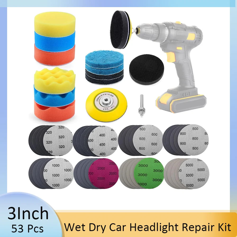 3 Inch Wet Dry Car Headlight Repair Kit 53 Pcs Grit 320-5000 Headlights Sanding Sheets with 1/4” Shank Backing Buffing Sponge