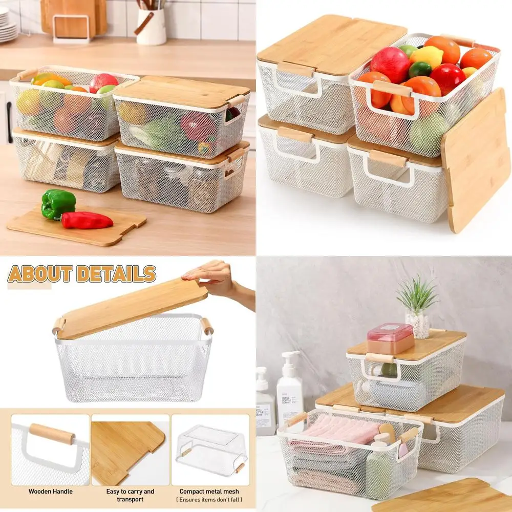 

Stackable Metal Wire Baskets with Wooden Handles and Bamboo Lids for Vegetables and Fruit Storage in Home Pantry (White)