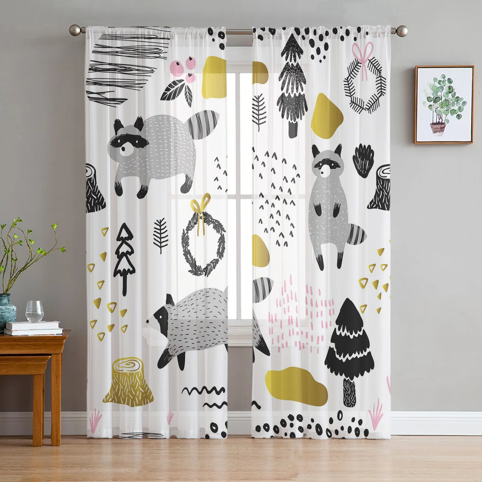 Animal Fall Flower Raccoon Tree Wood Grass Tulle Sheer Window Curtains for Living Room Bedroom Voile Decorative Curtains Drapes