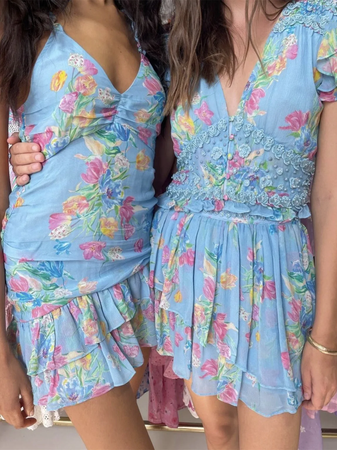 2022 Sexy Blue Flower Print Wood ears Strap Sling Dress Women V neck Low Waist Cascade Ruffles Hem Mini Robe Holiday Vestido