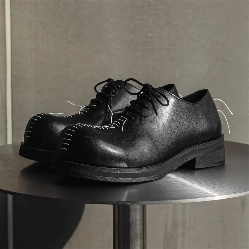Nueva tendencia, zapatos de tacón Unisex con punta redonda y suela gruesa para hombre, con cordones, Color sólido, costura Ins, moda Punk occidental, zapatos Derby informales