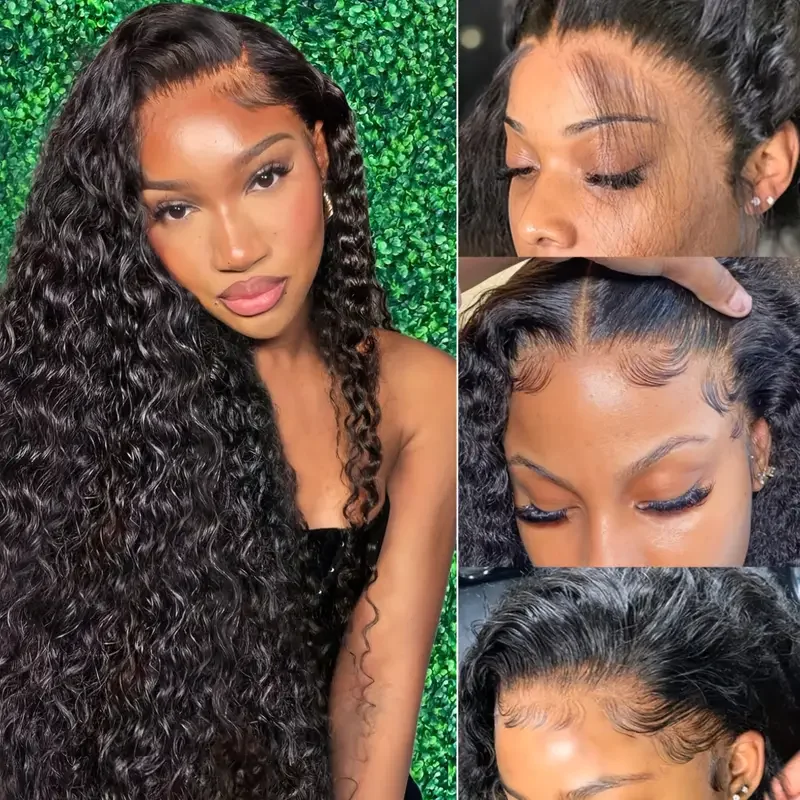 Peruca de cabelo humano ondulado profundo pré-arrancado 250 densidade 13x4 HD perucas de cabelo humano frontal com cabelo de bebê (36 polegadas, cor preta)