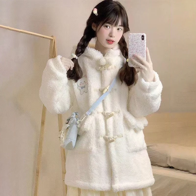 Japanese Style Lamb Plush Teddy Bear Printed Jacket For Women's Winter New Hooded Cow Horn Button Cute Plush Sweater Sweet