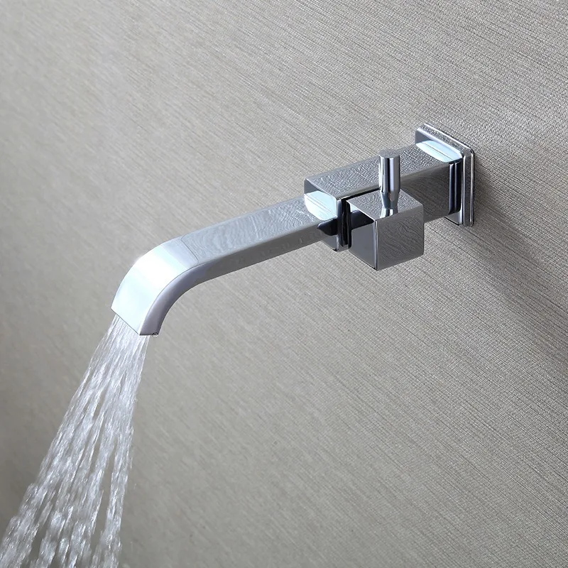 Solid Brass Recessed Wall Single Cold Tap Extended Spout Simple Balcony Mop Sink Bathroom Hardware Fitting Square Wall Base