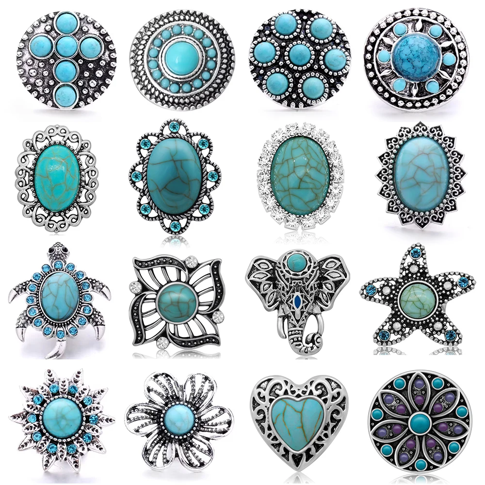 Turquoise stone Rhinestones Animals Flowers Heart Oval beauty 18mm snap buttons for 18mm snap jewelry Accessories Women Gift