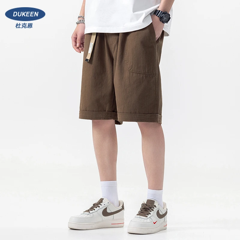 DUKEEN Work Style Shorts Men\'s Summer Loose Casual Pants Elastic Waist Middle Pants Khaki Five Pants Men