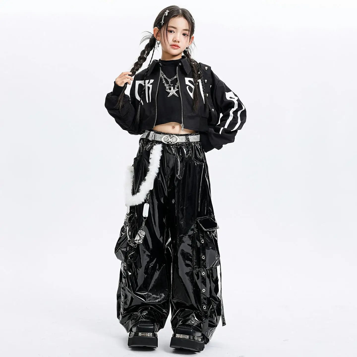 

Kid Kpop Hip Hop Clothing Black Rivet Punk Crop Jacket Top Faux Leather Strap Cargo Pants for Girl Street Dance Costume Clothes