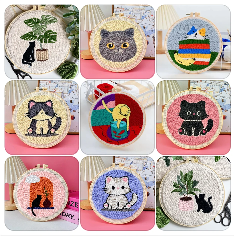 

20x20cm Punch Needle Kit Frame for Beginners Animal Cat Cute Yarn painting Embroidery frame Art Funny Picture Cross stitch kits