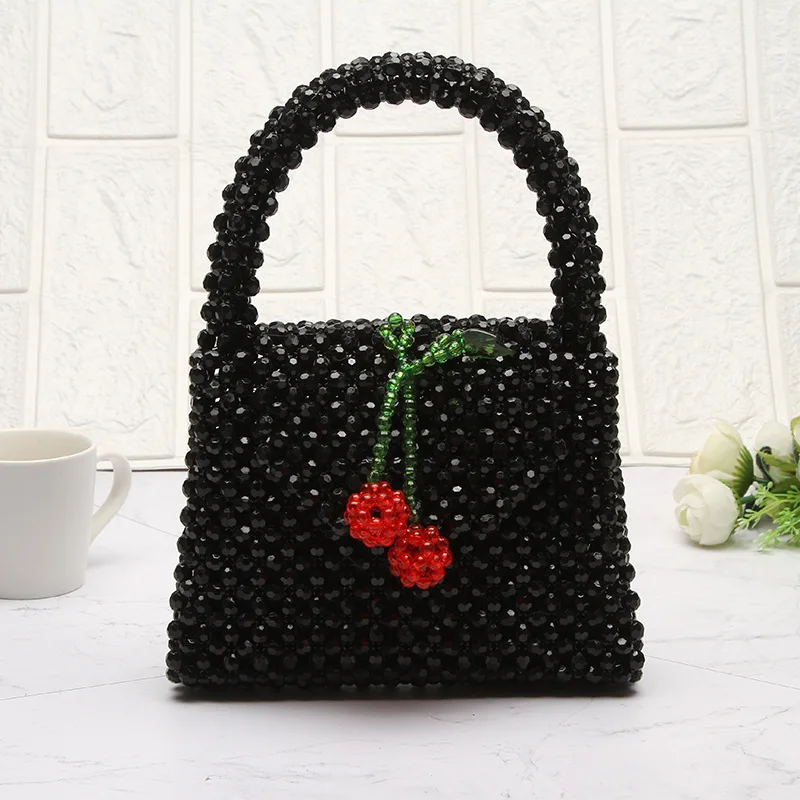 Handwoven Black Beaded Bag Fashionable Ins Cherry Design New In Ladeis Handbag Simple Versatile Summer Acrylic Women\'s Bags