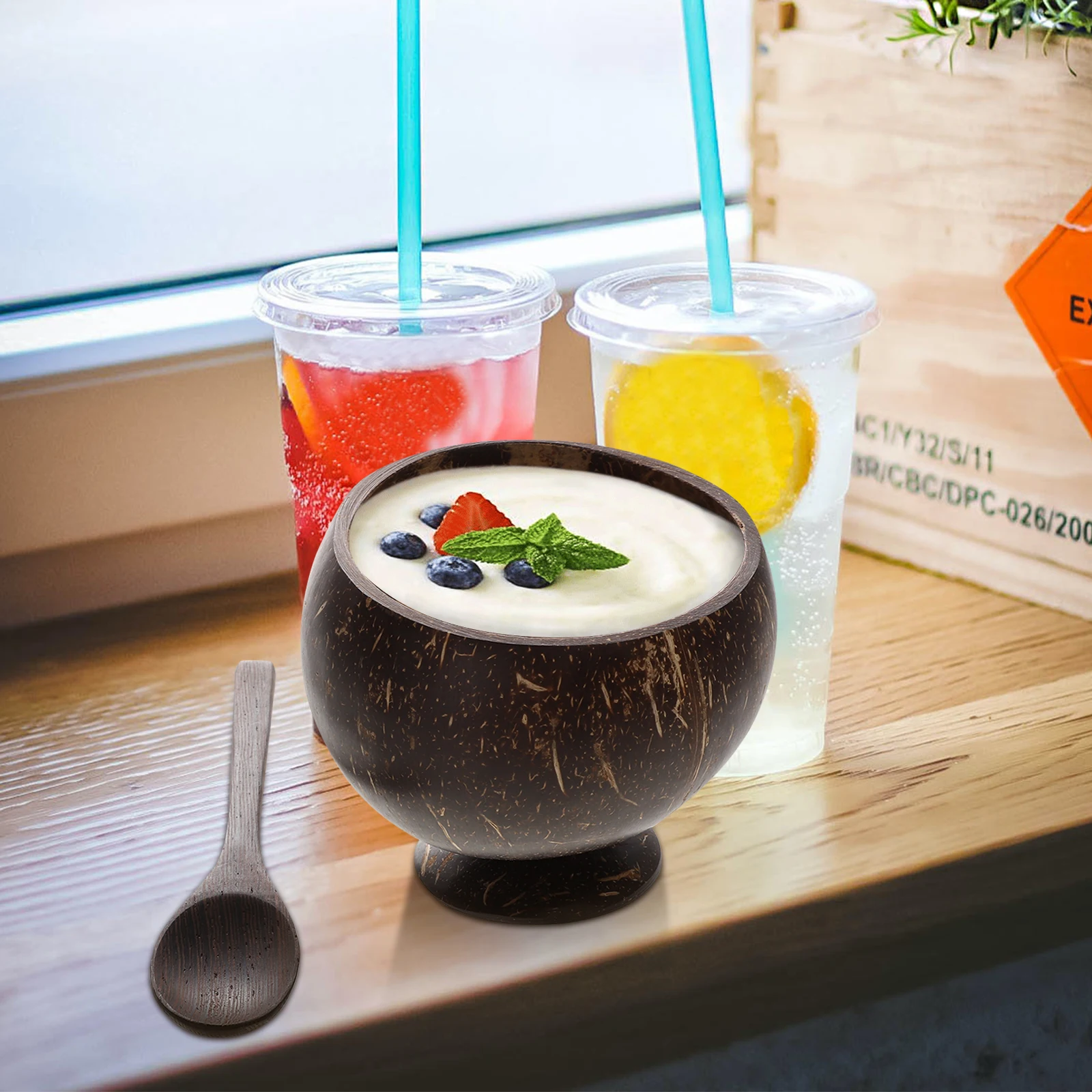 Juego de cuencos de cáscara de coco, cuencos para servir comida y ensalada, vajilla de madera de coco Natural segura, cocina, café de otoño
