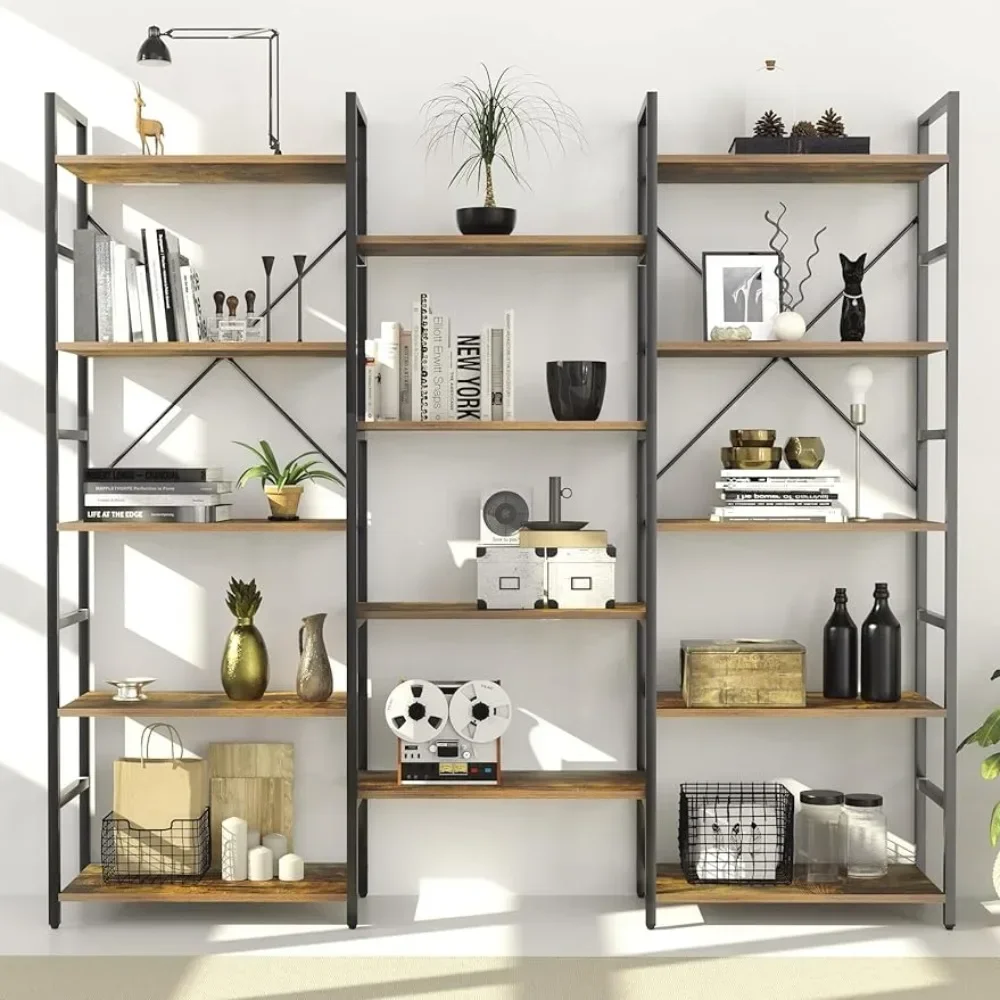 Triple Wide 5-Tier Bookshelf Prefabricated Warehouse Wood and Metal Etagere Bookcase for Home Office Shelf Display Stand Brown